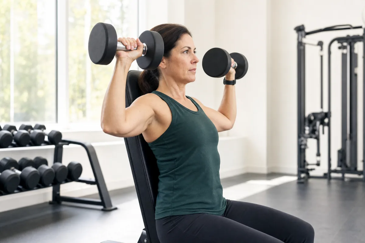 A woman performing a dumbbell shoulder press in a bright airy gym, gripping the handles with a closed wrap grip