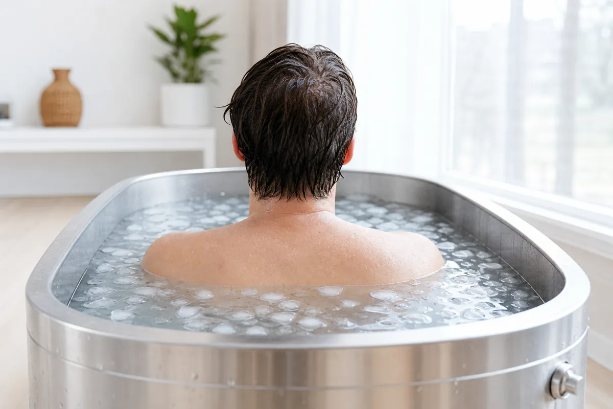 A person sitting shoulder-deep in a stainless steel cold plunge tub filled with ice water, photographed from behind