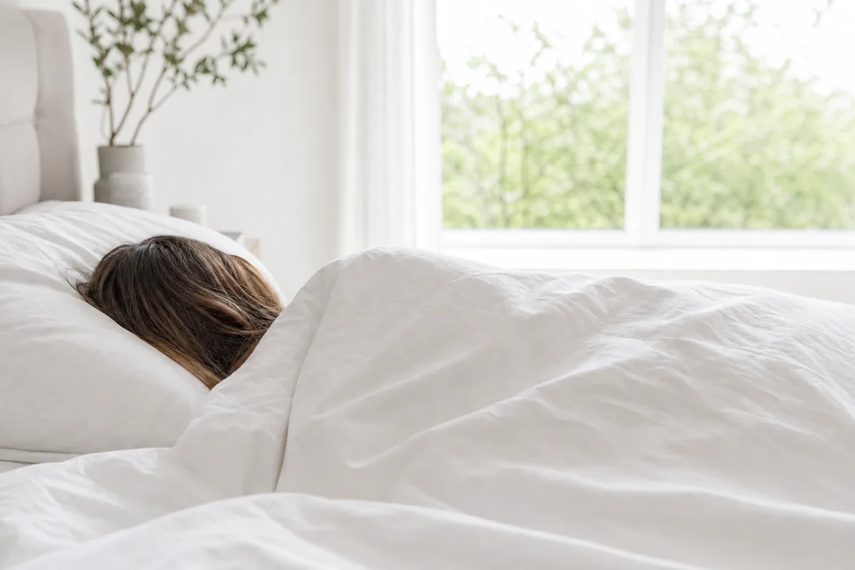 A person asleep under white bedding beside a sunlit window in a bright bedroom