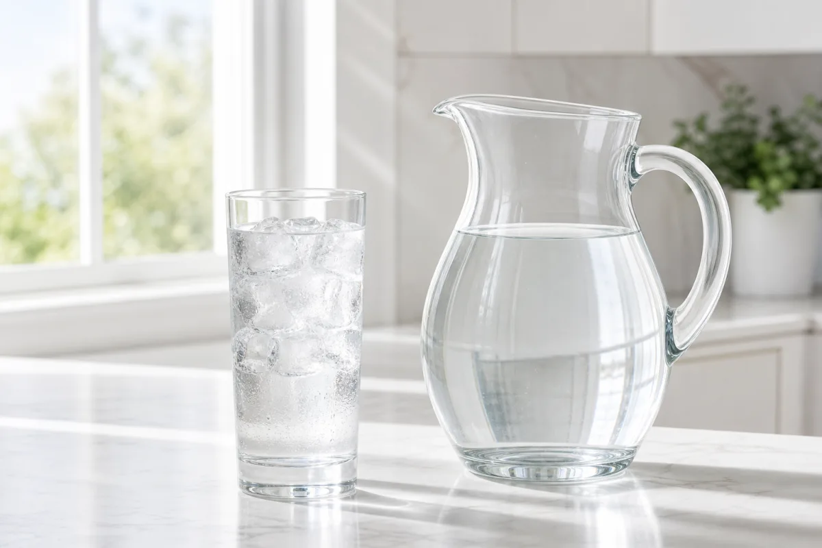 A tall glass of ice water and a clear glass pitcher on a bright white kitchen counter beside a sunlit window