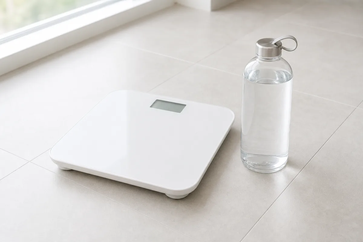 A white bathroom scale on a light tile floor next to a large clear water bottle