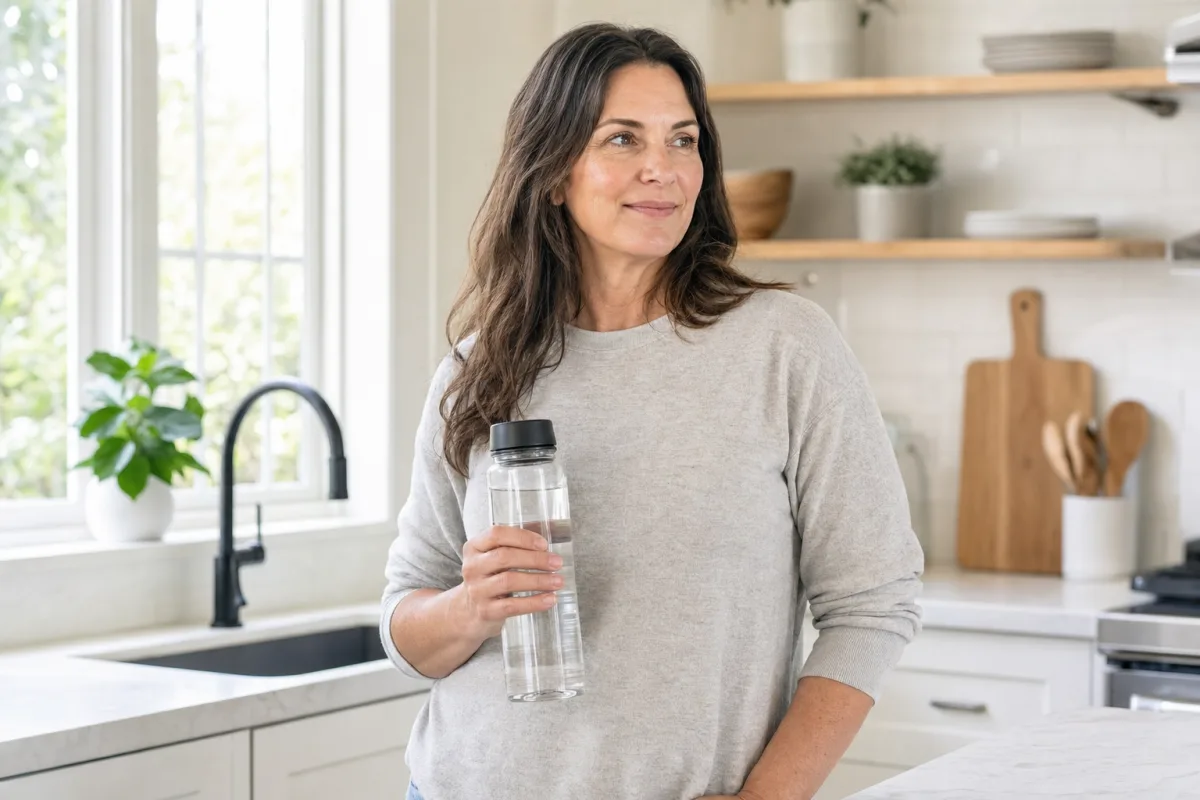 A woman in a bright kitchen holding a large clear reusable water bottle with a full wrap grip