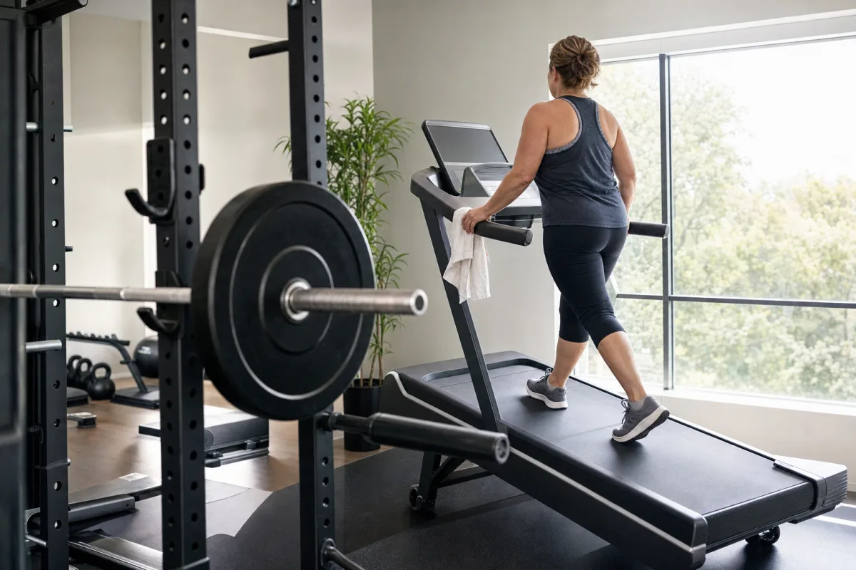A woman walking on a treadmill in a bright gym with a loaded barbell resting in a rack in the foreground