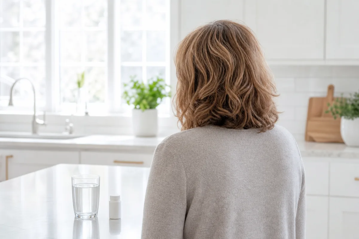 A woman standing at a bright kitchen counter in morning light with a glass of water and a small white pill bottle in front of her