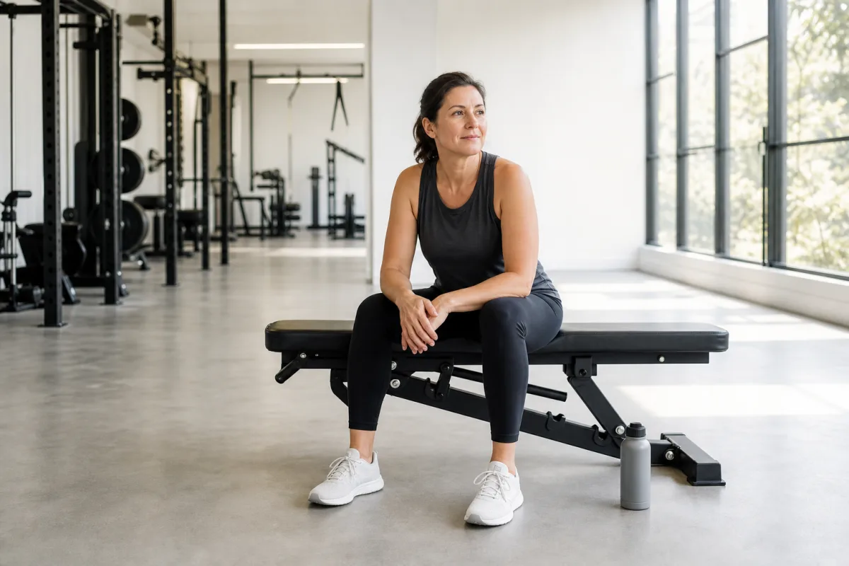 A woman sitting and resting on a flat bench in a bright airy gym with a water bottle on the floor beside her