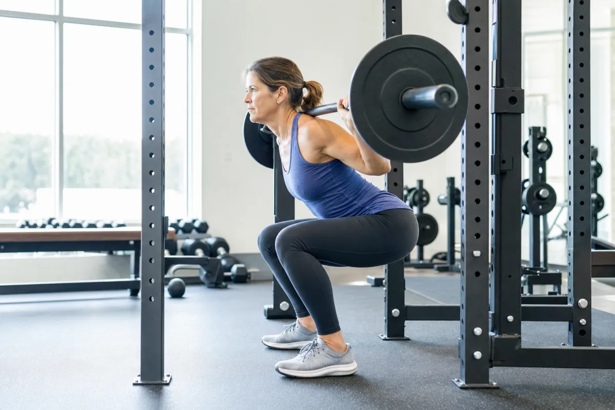 A woman performing a barbell back squat inside a squat rack in a bright gym with a closed wrap grip on the bar
