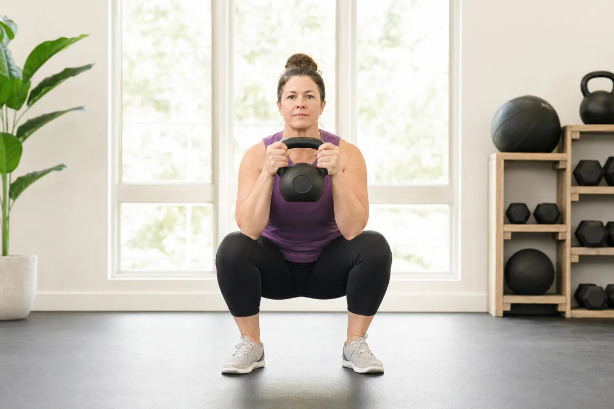 A woman performing a goblet squat holding a kettlebell with both hands in a bright airy gym